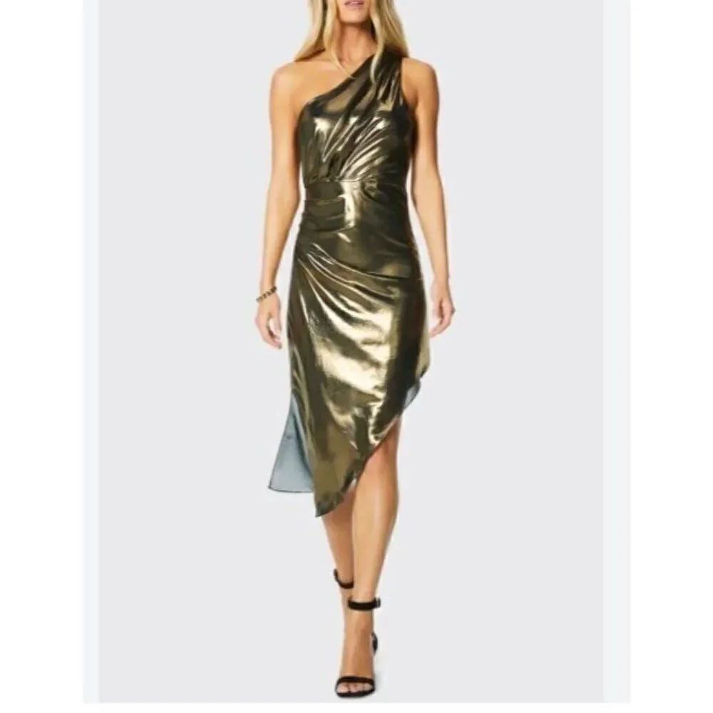 Ramy Brook Womens Susanna Metallic One-Shoulder Asymmetrical Dress sz 4 Gold NWT
